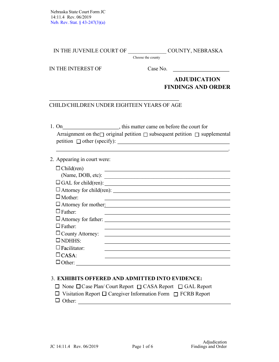 Form JC14:11.4 Adjudication Findings and Order - Nebraska, Page 1