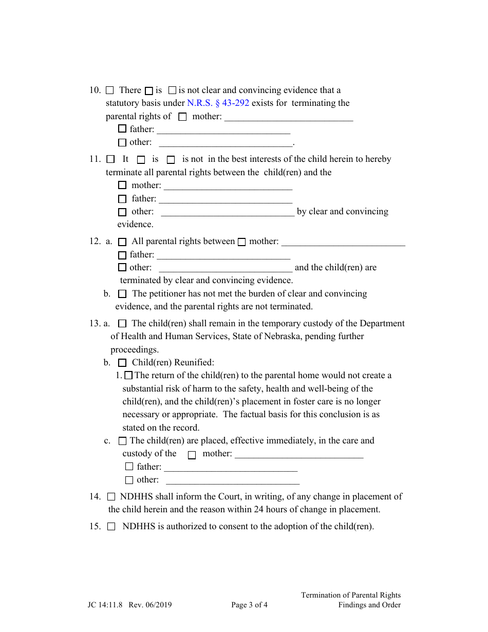 Form JC14:11.8 Termination of Parental Rights Findings and Order - Nebraska, Page 3
