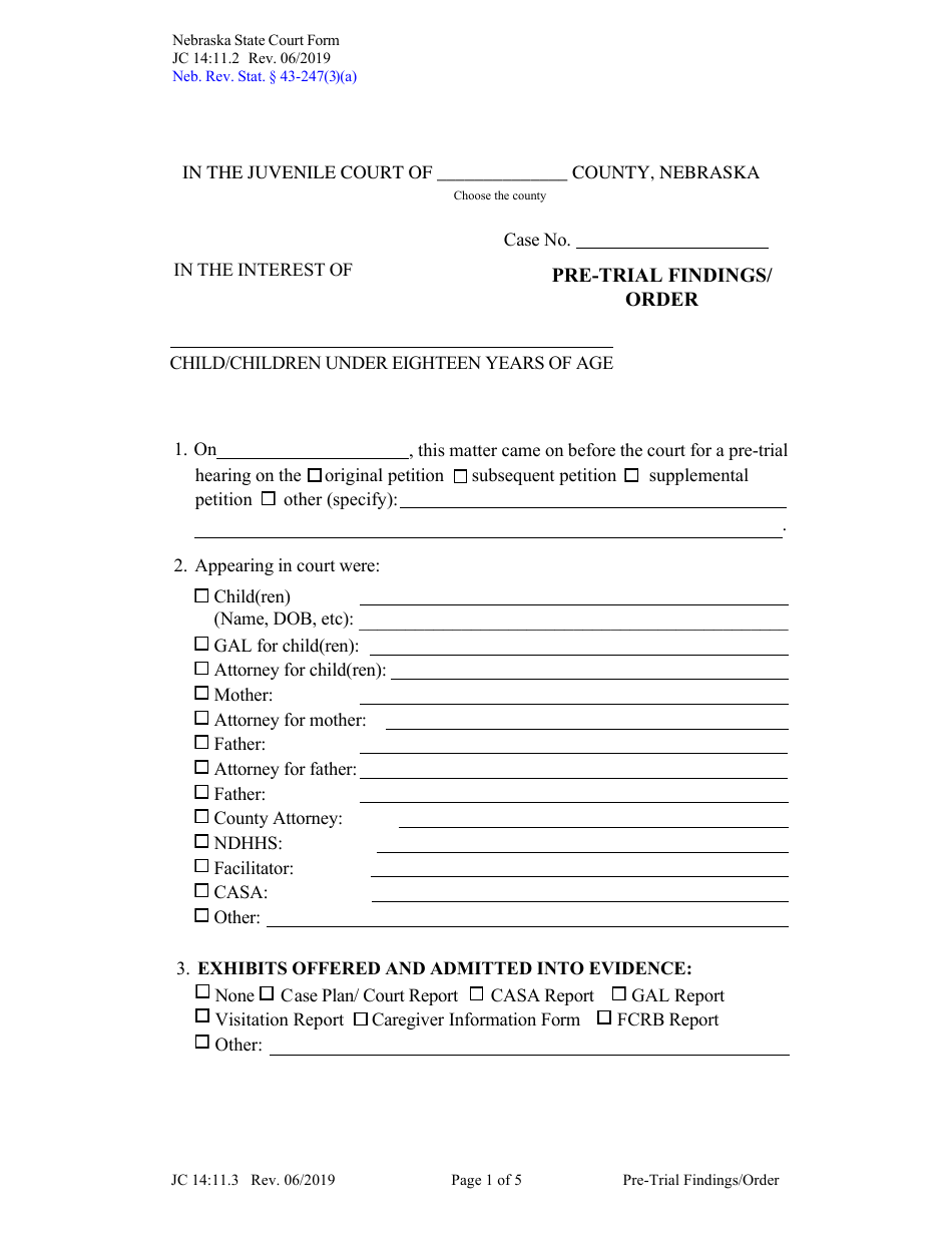 Form JC14:11.3 Pre-trial Findings / Order - Nebraska, Page 1