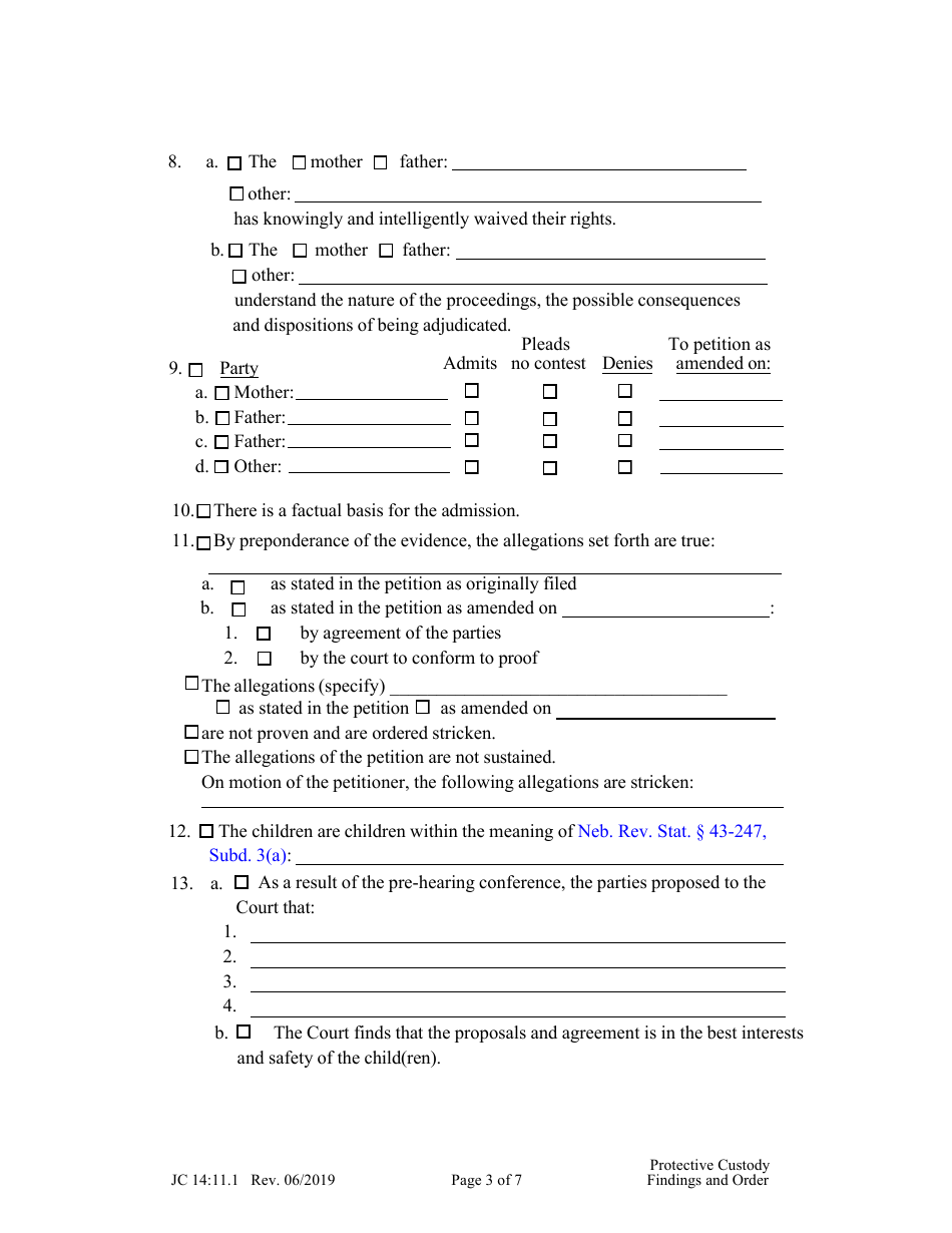 Form JC14:11.1 Protective Custody Findings and Order - Nebraska, Page 3