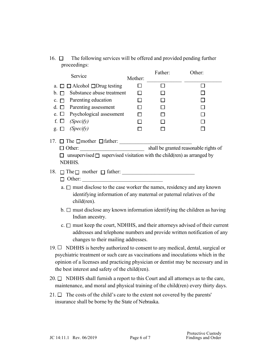 Form JC14:11.1 Protective Custody Findings and Order - Nebraska, Page 6