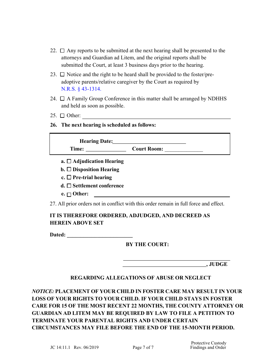 Form JC14:11.1 Protective Custody Findings and Order - Nebraska, Page 7