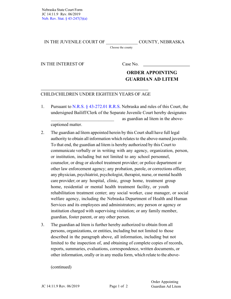 Form JC14:11.9 Order Appointing Guardian Ad Litem - Nebraska, Page 1