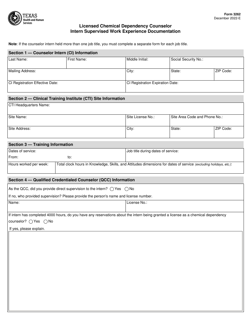 Form 3262 Licensed Chemical Dependency Counselor Intern Supervised Work Experience Documentation - Texas, Page 1