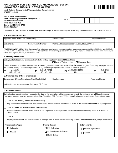 Form SFN60071 Application for Military Cdl Knowledge Test or Knowledge and Skills Test Waiver - North Dakota