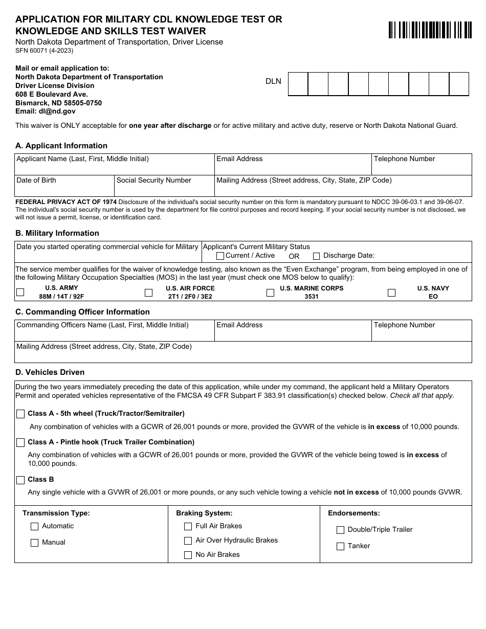 Form SFN60071 Application for Military Cdl Knowledge Test or Knowledge and Skills Test Waiver - North Dakota, Page 1