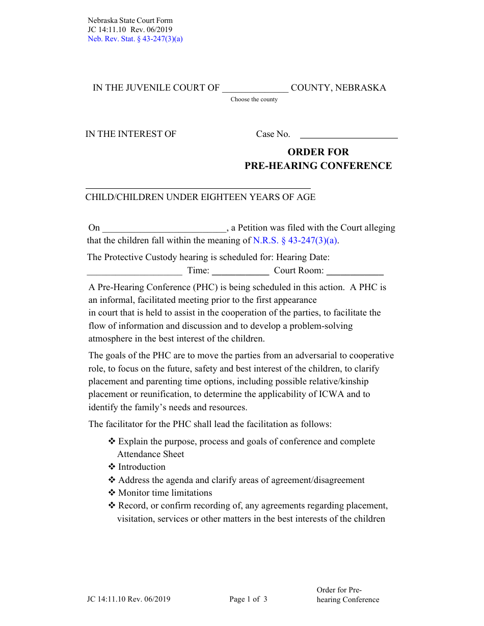 Form JC14:11.10 Order for Pre-hearing Conference - Nebraska, Page 1