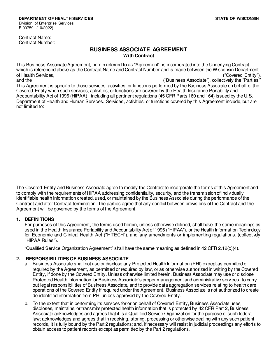 Form F-00759 Business Associate Agreement: With Contract - Wisconsin, Page 1