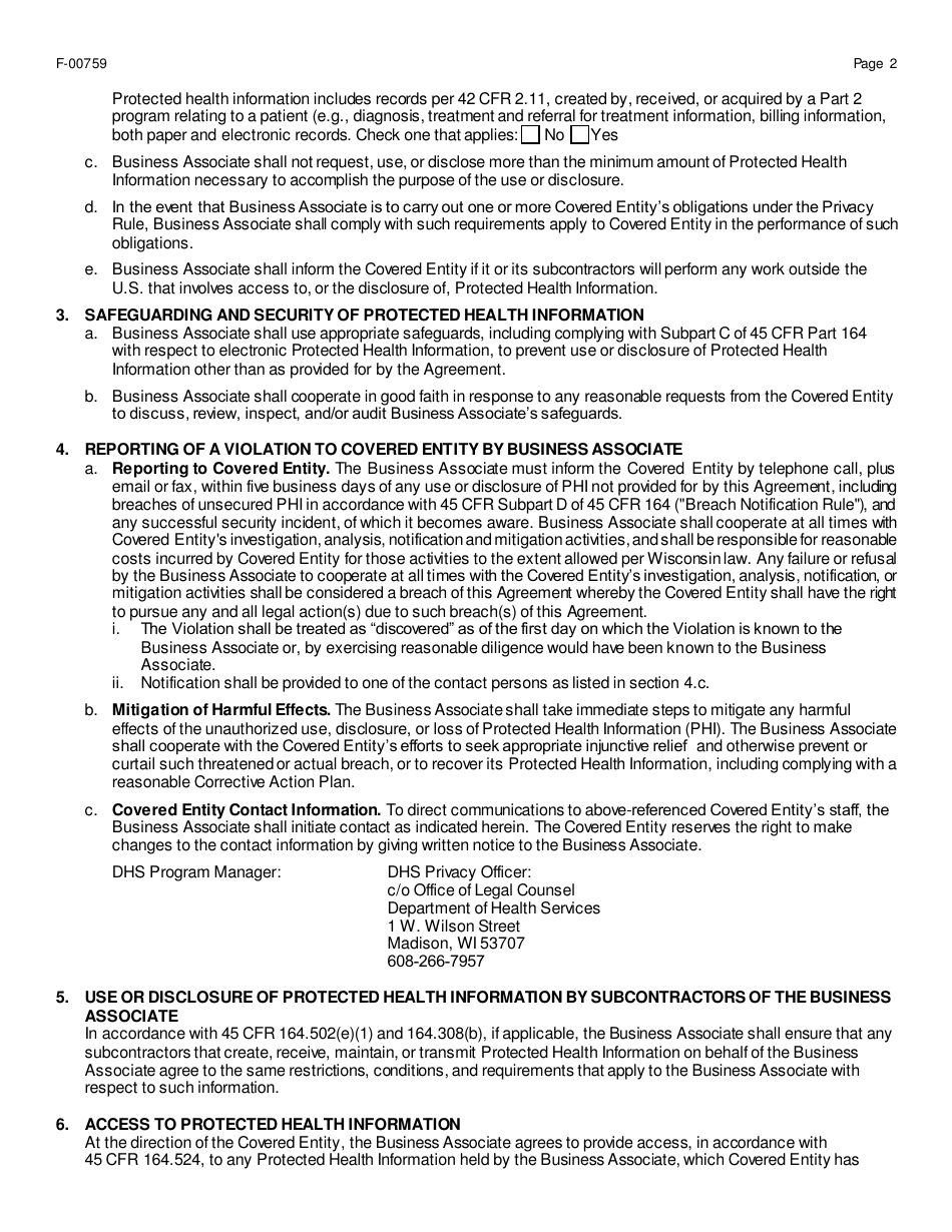 Form F-00759 Business Associate Agreement: With Contract - Wisconsin, Page 2
