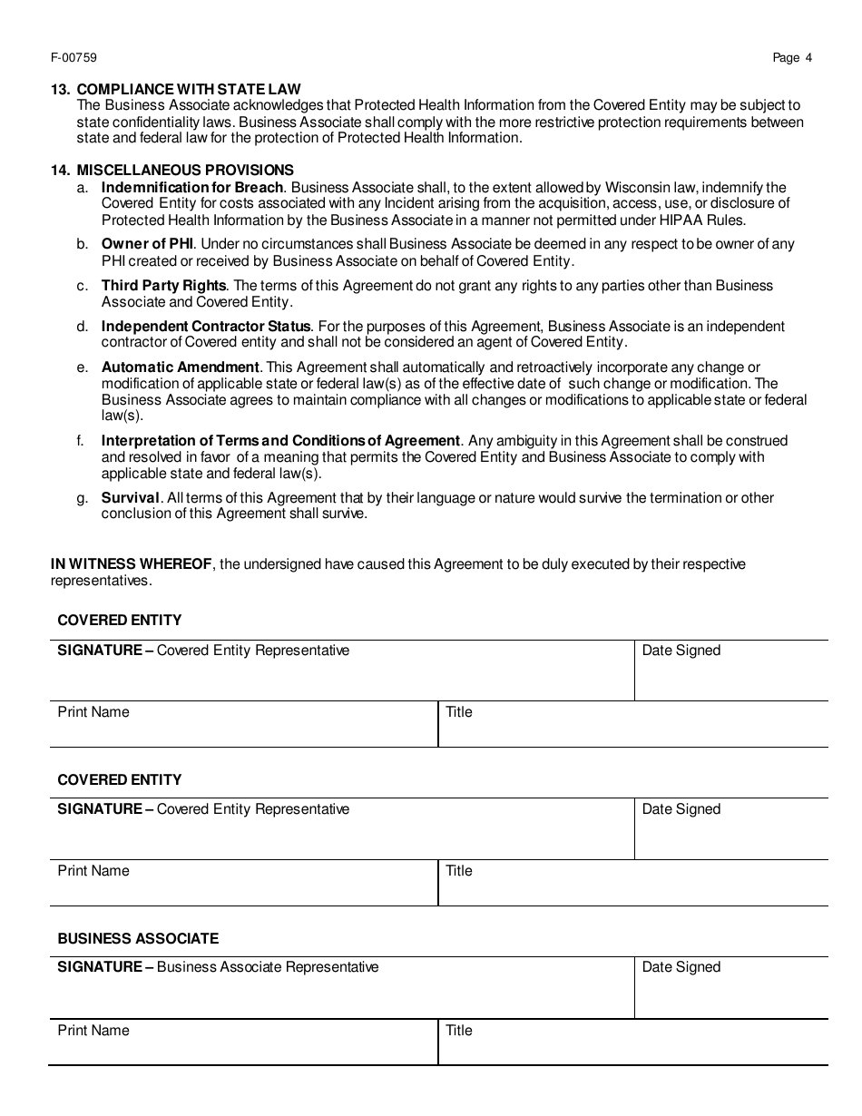 Form F-00759 Business Associate Agreement: With Contract - Wisconsin, Page 4