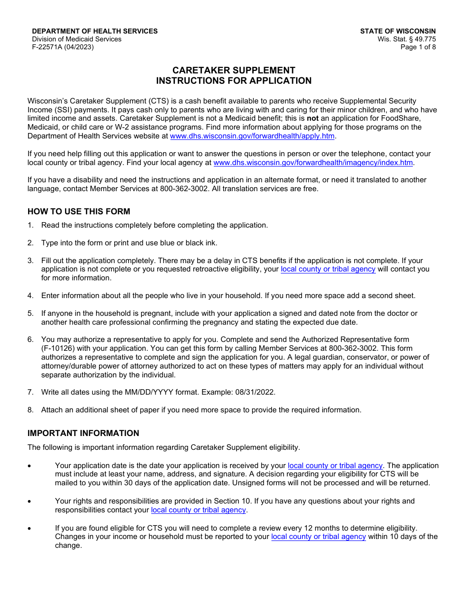 Instructions for Form F-22571 Caretaker Supplement Application - Wisconsin, Page 1