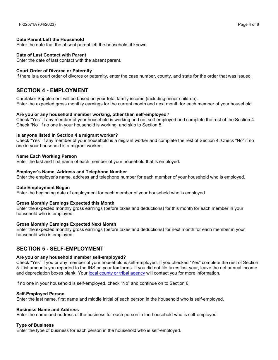 Instructions for Form F-22571 Caretaker Supplement Application - Wisconsin, Page 4