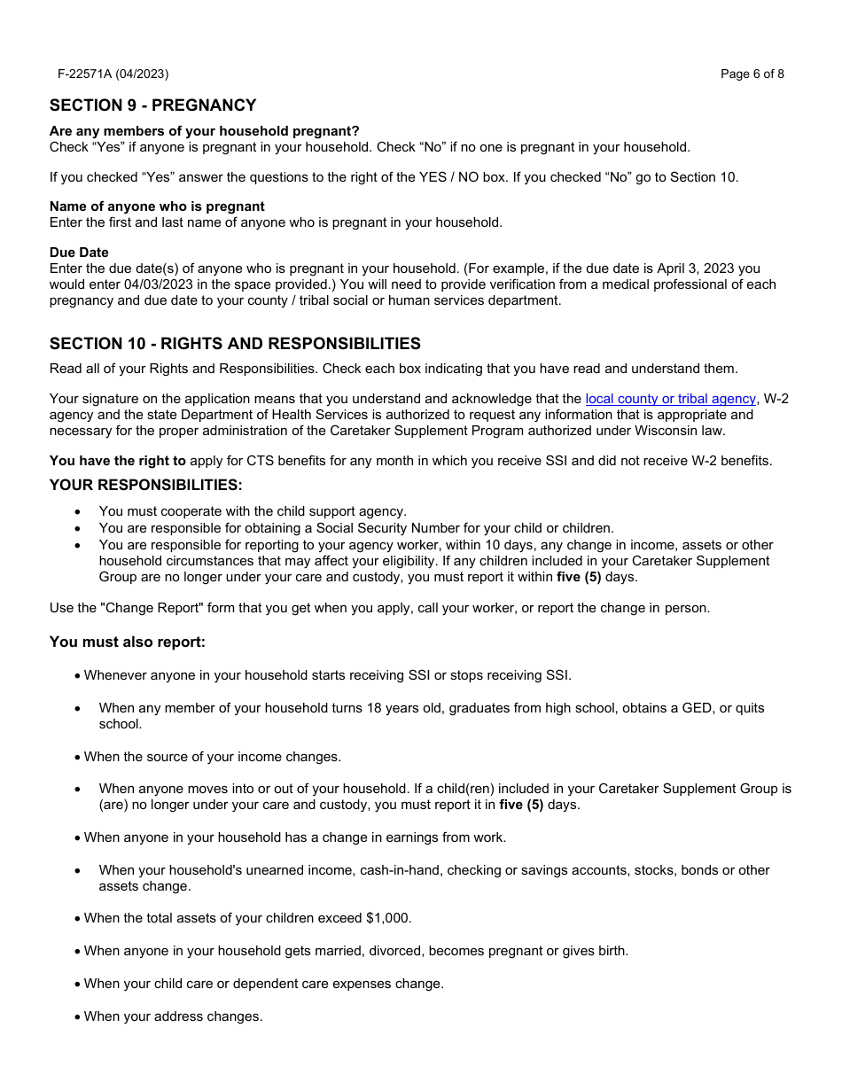 Instructions for Form F-22571 Caretaker Supplement Application - Wisconsin, Page 6