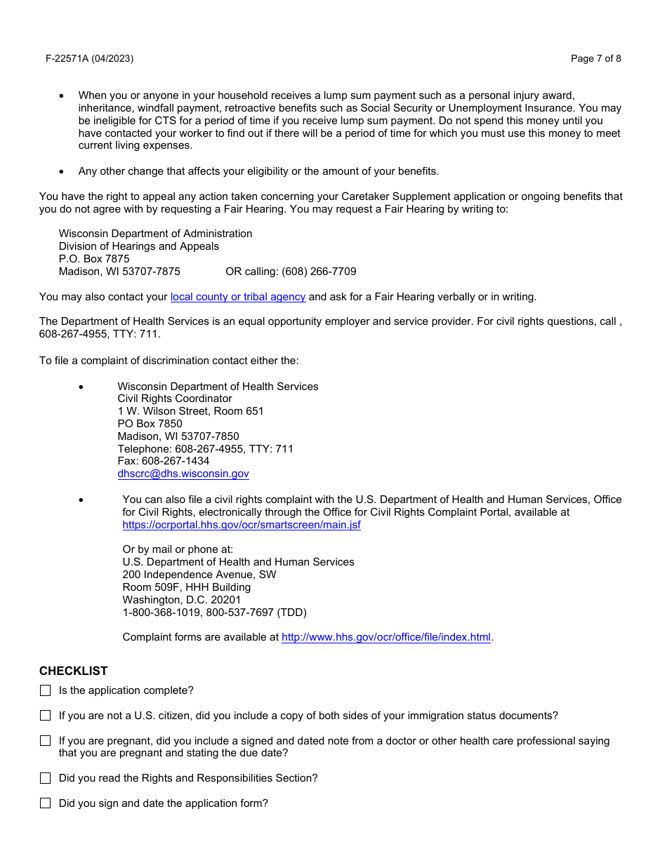 Instructions for Form F-22571 Caretaker Supplement Application - Wisconsin, Page 7