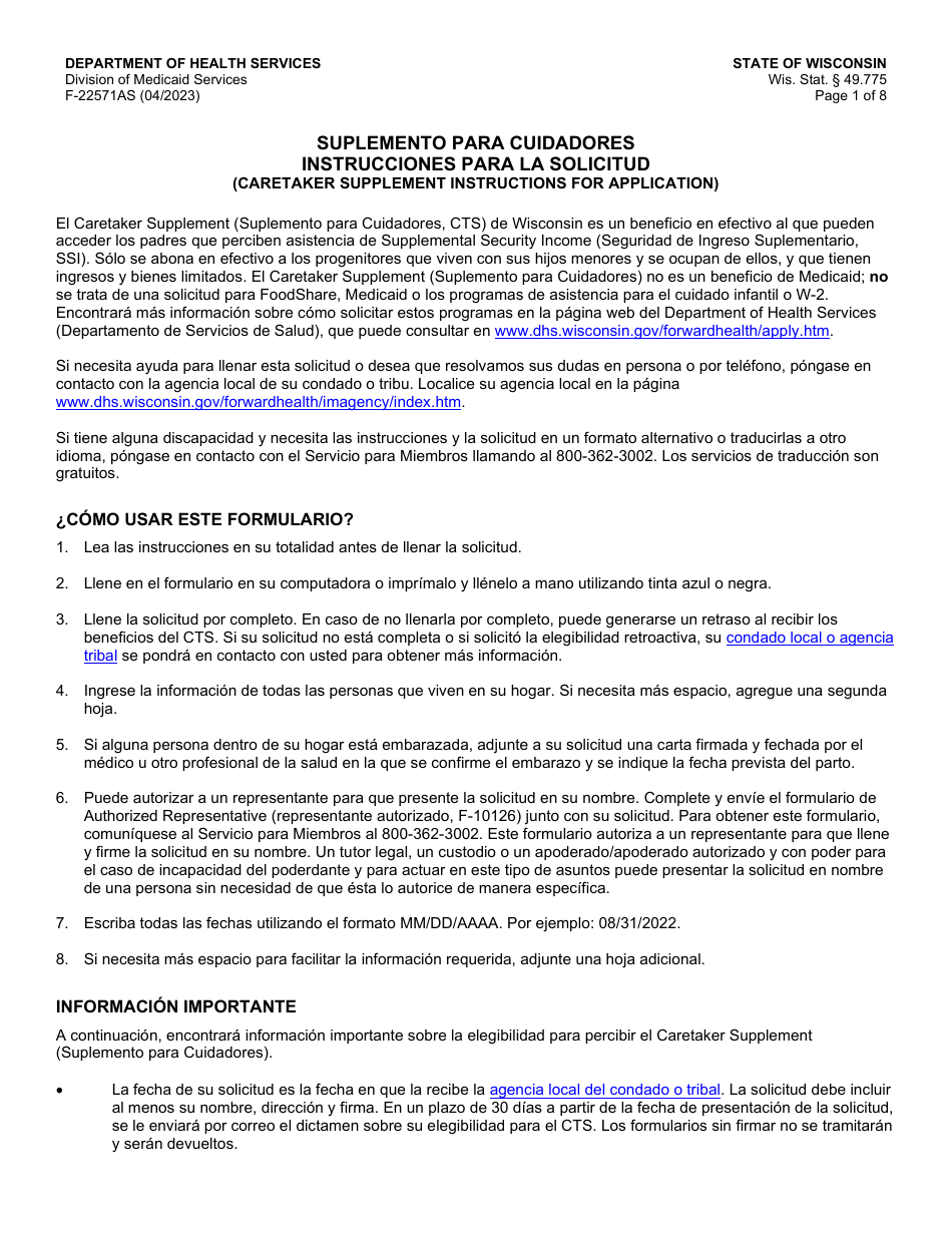 Instrucciones para Formulario F-22571 Caretaker Supplement Application - Wisconsin (Spanish), Page 1
