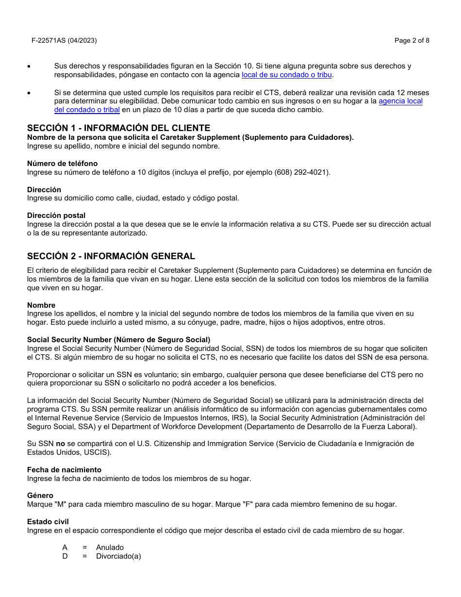 Instrucciones para Formulario F-22571 Caretaker Supplement Application - Wisconsin (Spanish), Page 2