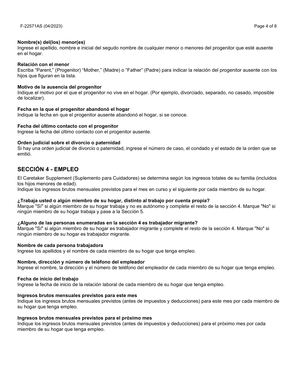 Instrucciones para Formulario F-22571 Caretaker Supplement Application - Wisconsin (Spanish), Page 4