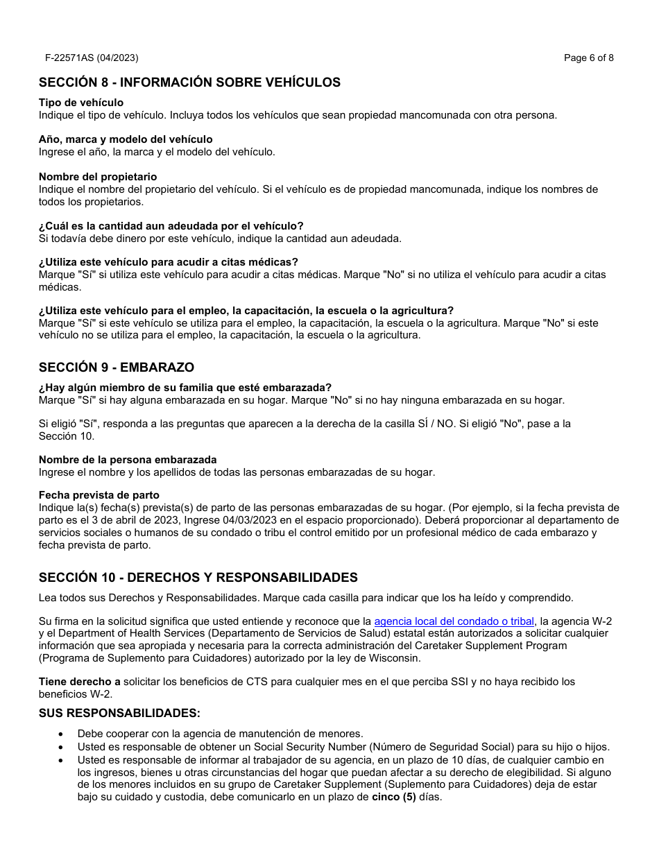 Instrucciones para Formulario F-22571 Caretaker Supplement Application - Wisconsin (Spanish), Page 6