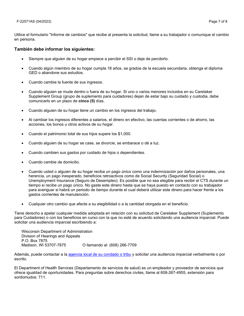 Instrucciones para Formulario F-22571 Caretaker Supplement Application - Wisconsin (Spanish), Page 7