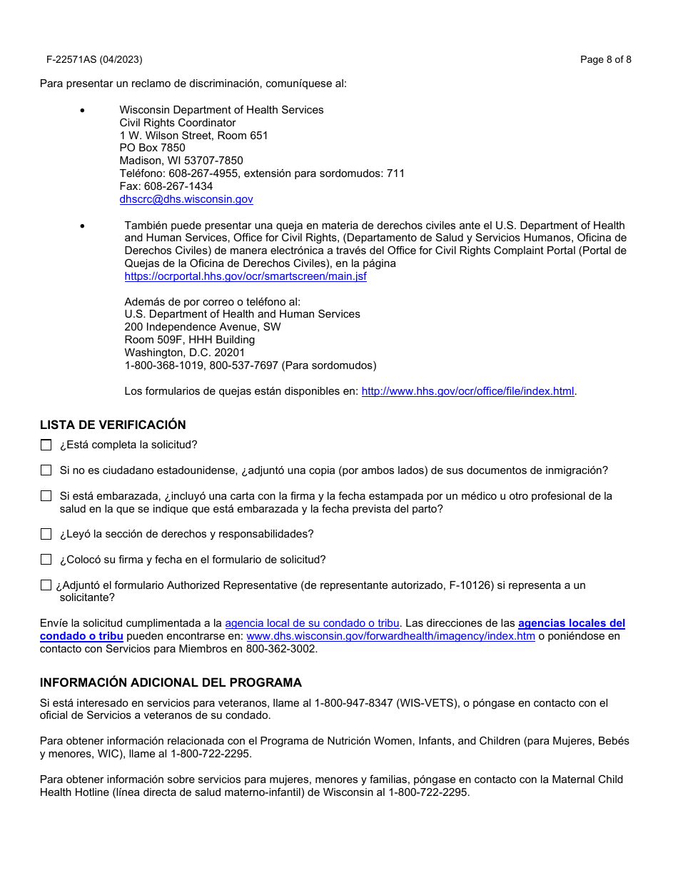 Instrucciones para Formulario F-22571 Caretaker Supplement Application - Wisconsin (Spanish), Page 8