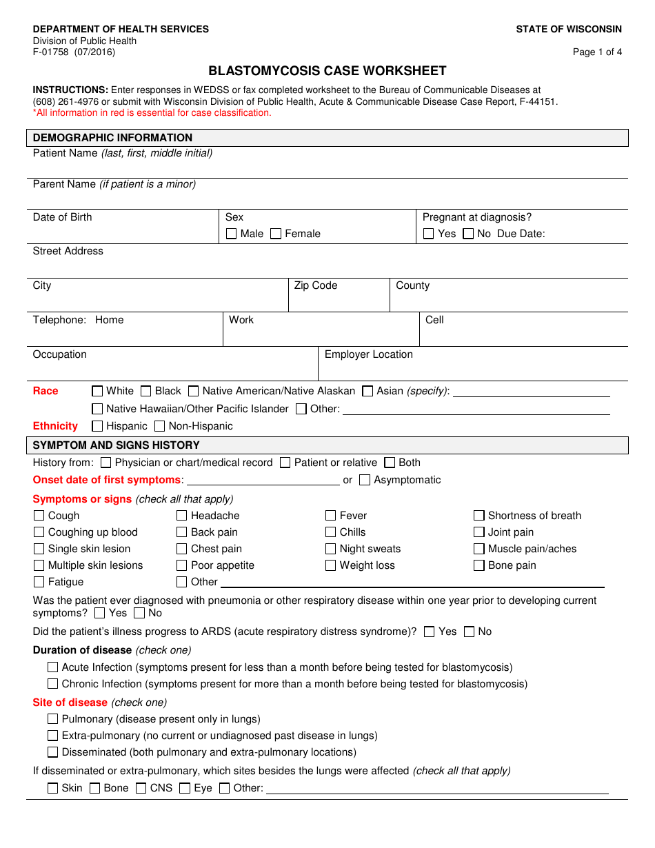 Form F-01758 Blastomycosis Case Worksheet - Wisconsin, Page 1
