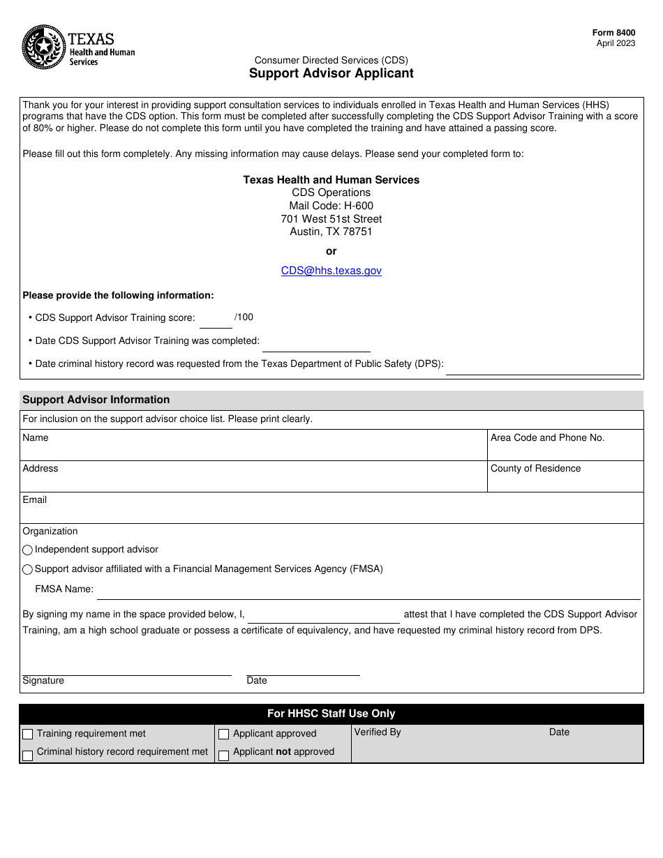 Form 8400 Consumer-Directed Services (Cds) Support Advisor Applicant - Texas, Page 1