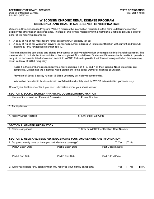 Form F-01143 Wisconsin Chronic Renal Disease Program Residency and Health Care Benefits Verification - Wisconsin