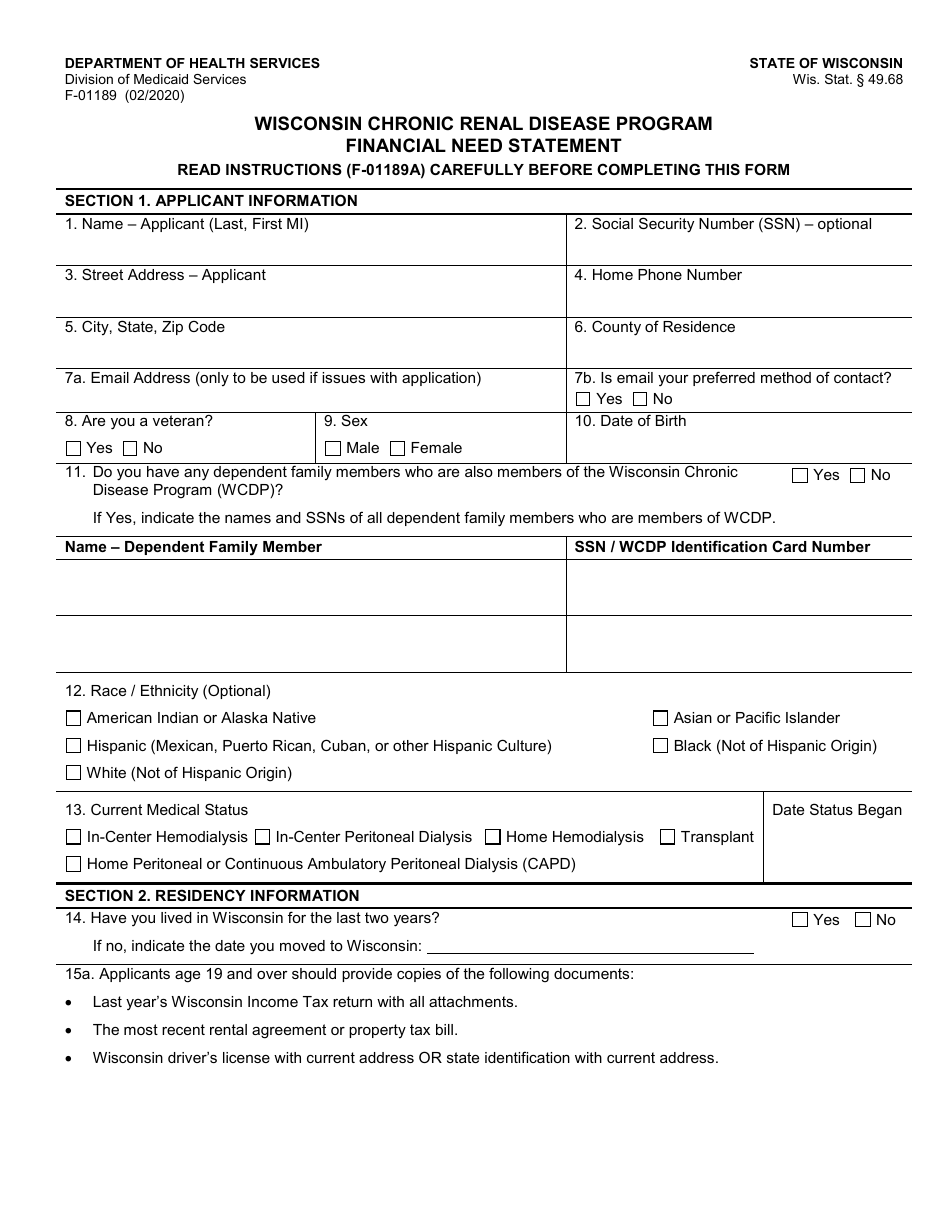 Form F-01189 Financial Need Statement - Wisconsin Chronic Renal Disease Program - Wisconsin, Page 1