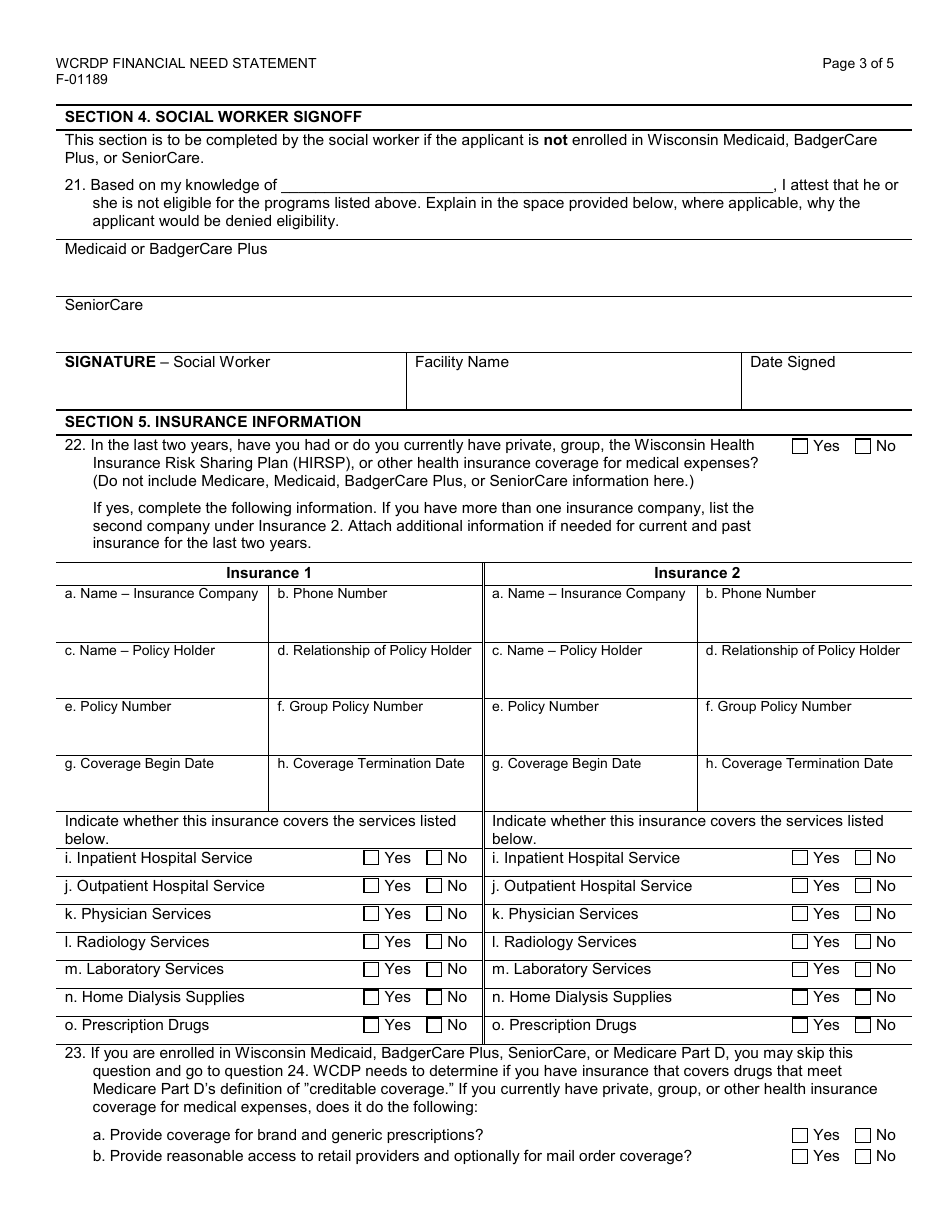 Form F-01189 Financial Need Statement - Wisconsin Chronic Renal Disease Program - Wisconsin, Page 3