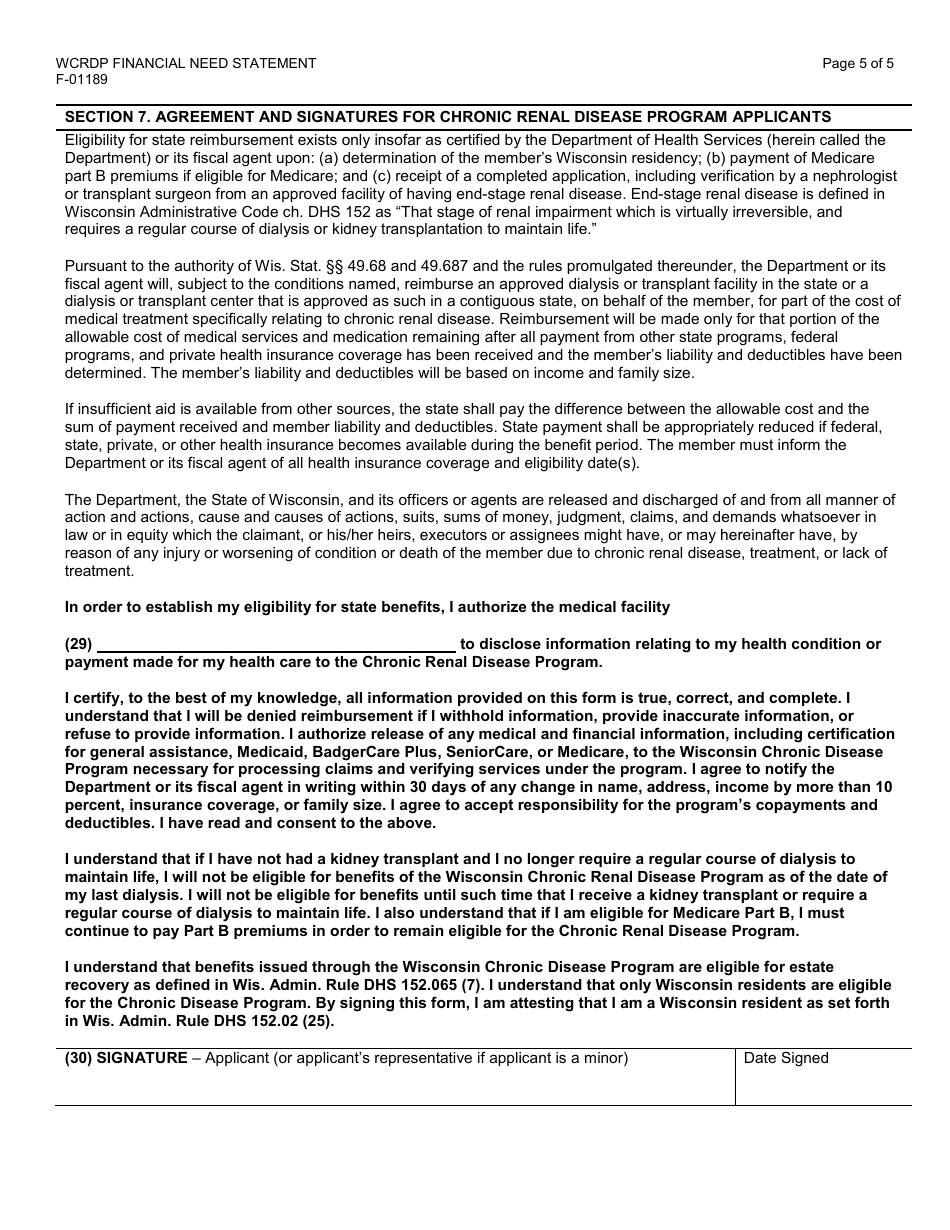 Form F-01189 Financial Need Statement - Wisconsin Chronic Renal Disease Program - Wisconsin, Page 5