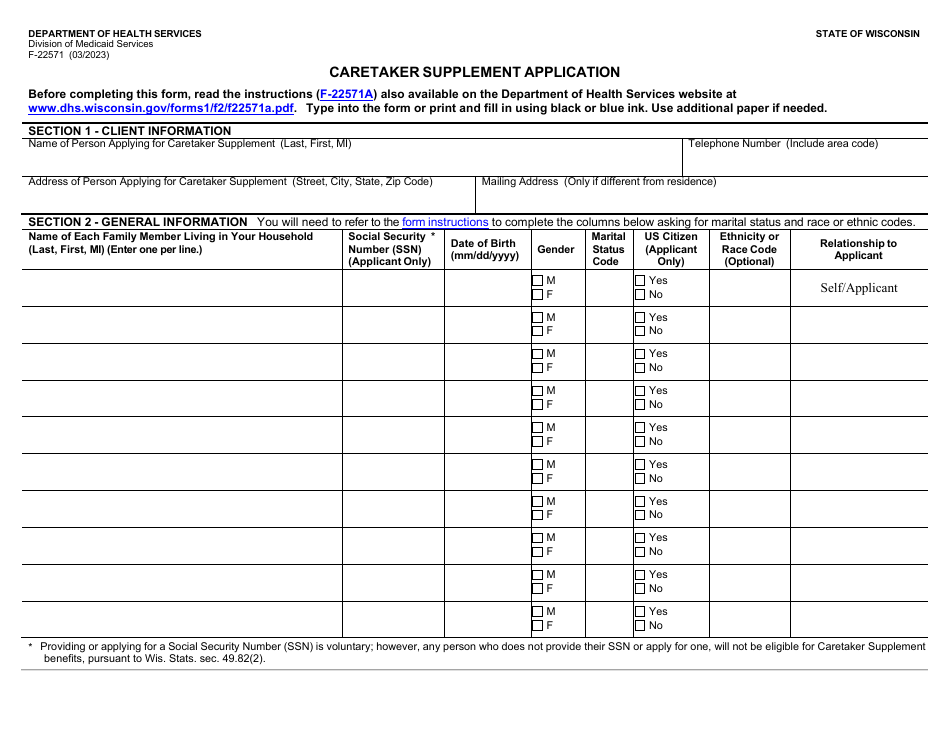 Form F-22571 Caretaker Supplement Application - Wisconsin, Page 1