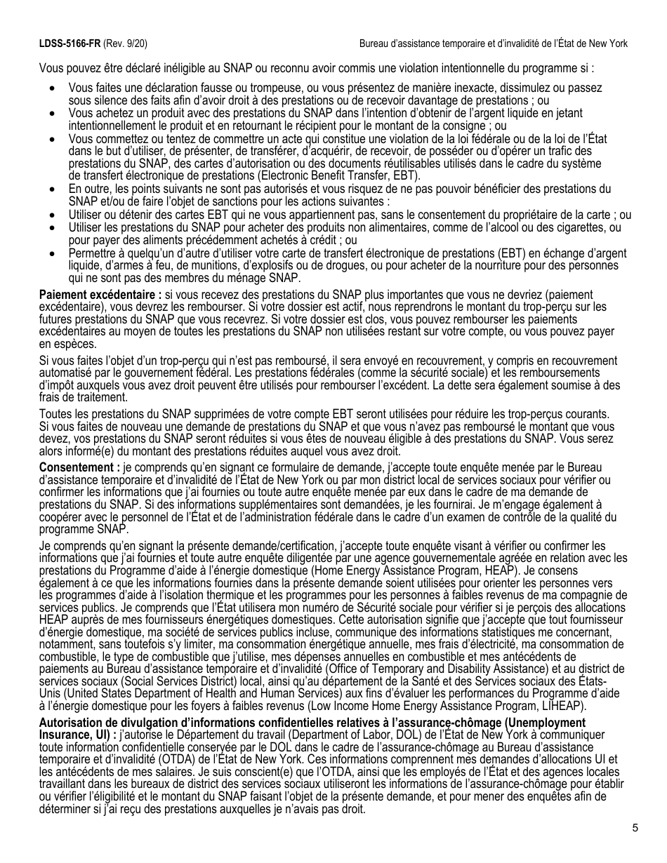 Form LDSS-5166 Application / Recertification for Supplemental Nutrition Assistance Program (Snap) Benefits - New York (French), Page 7