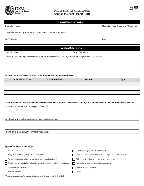 Form 2991 General Residential Operation (Gro) - Serious Incident Report (Sir) - Texas