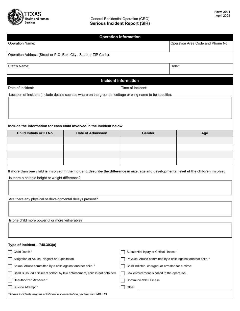 Form 2991 General Residential Operation (Gro) - Serious Incident Report (Sir) - Texas, Page 1