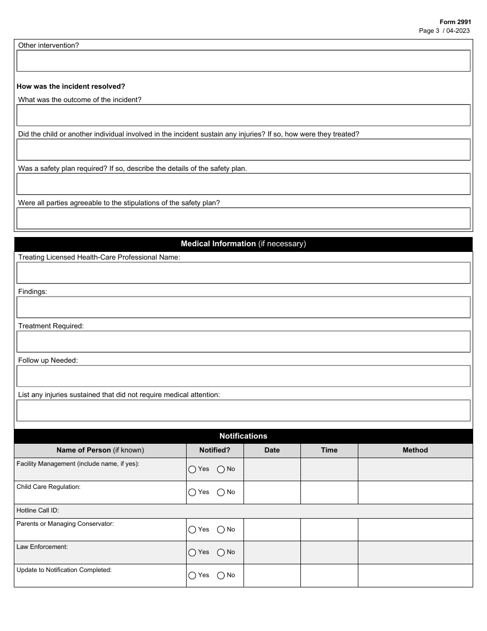 Form 2991 General Residential Operation (Gro) - Serious Incident Report (Sir) - Texas, Page 3