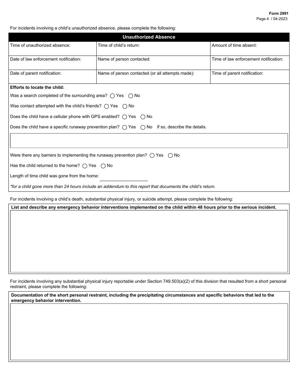 Form 2991 General Residential Operation (Gro) - Serious Incident Report (Sir) - Texas, Page 4