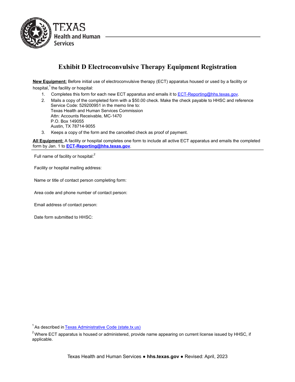 Form 8205 Exhibit D Electroconvulsive Therapy Equipment Registration - Texas, Page 1