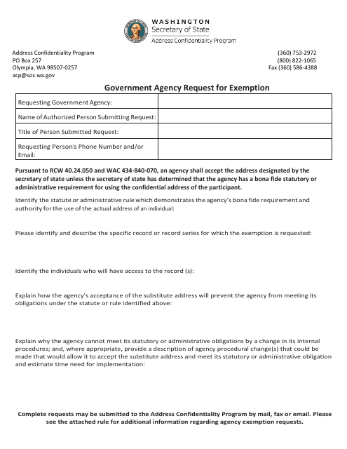 Government Agency Request for Exemption - Washington Download Pdf