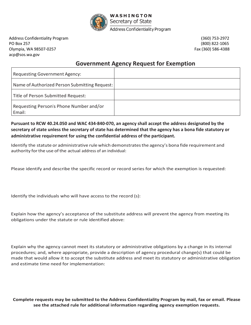 Government Agency Request for Exemption - Washington, Page 1