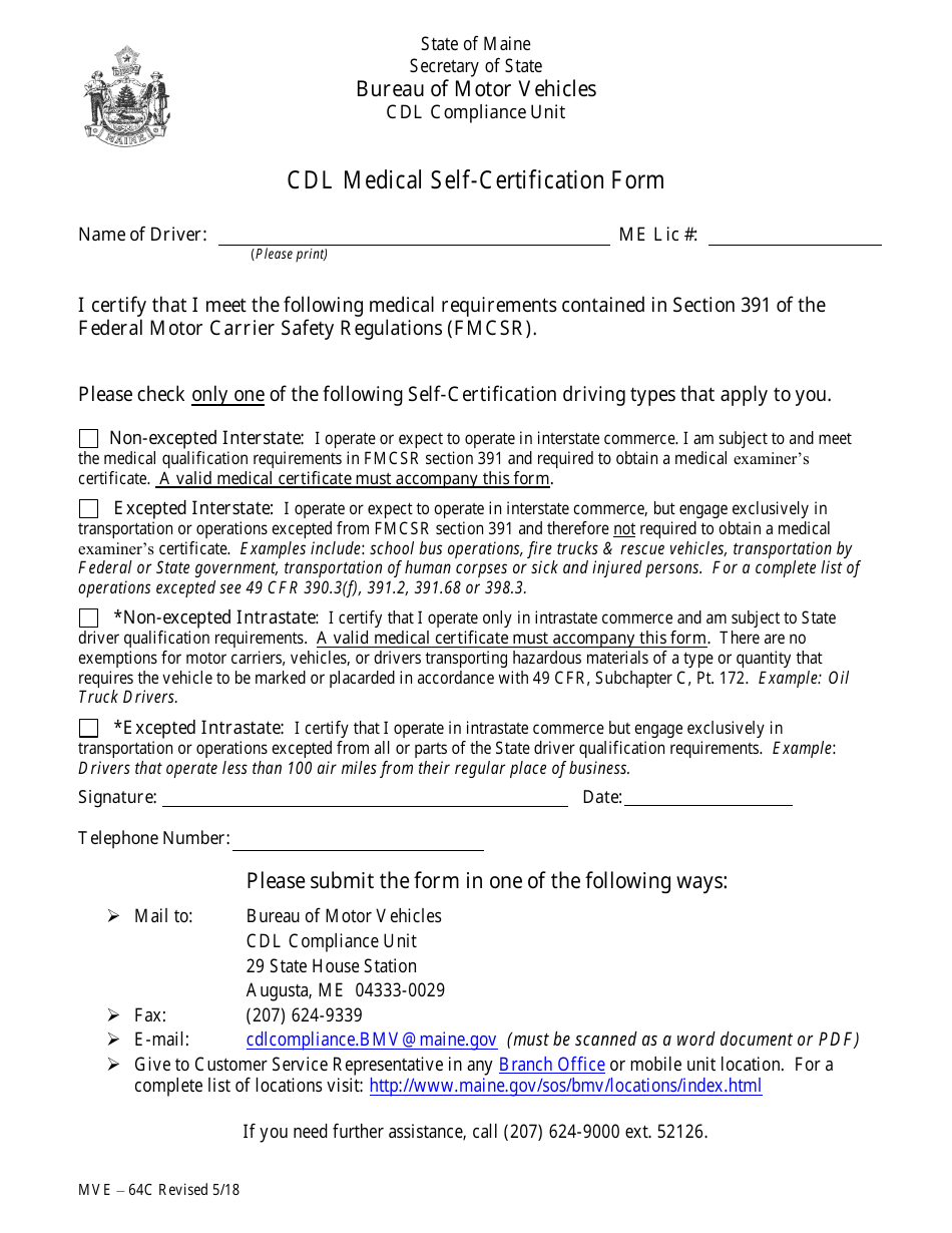 Form MVE-64C Cdl Medical Self-certification Form - Maine, Page 1