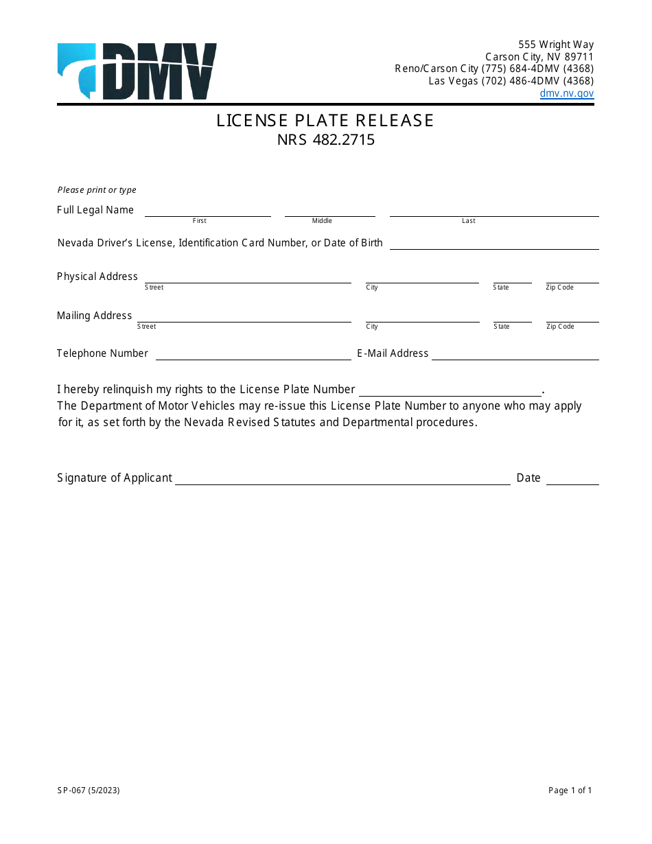 Form SP067 Fill Out, Sign Online and Download Fillable PDF, Nevada