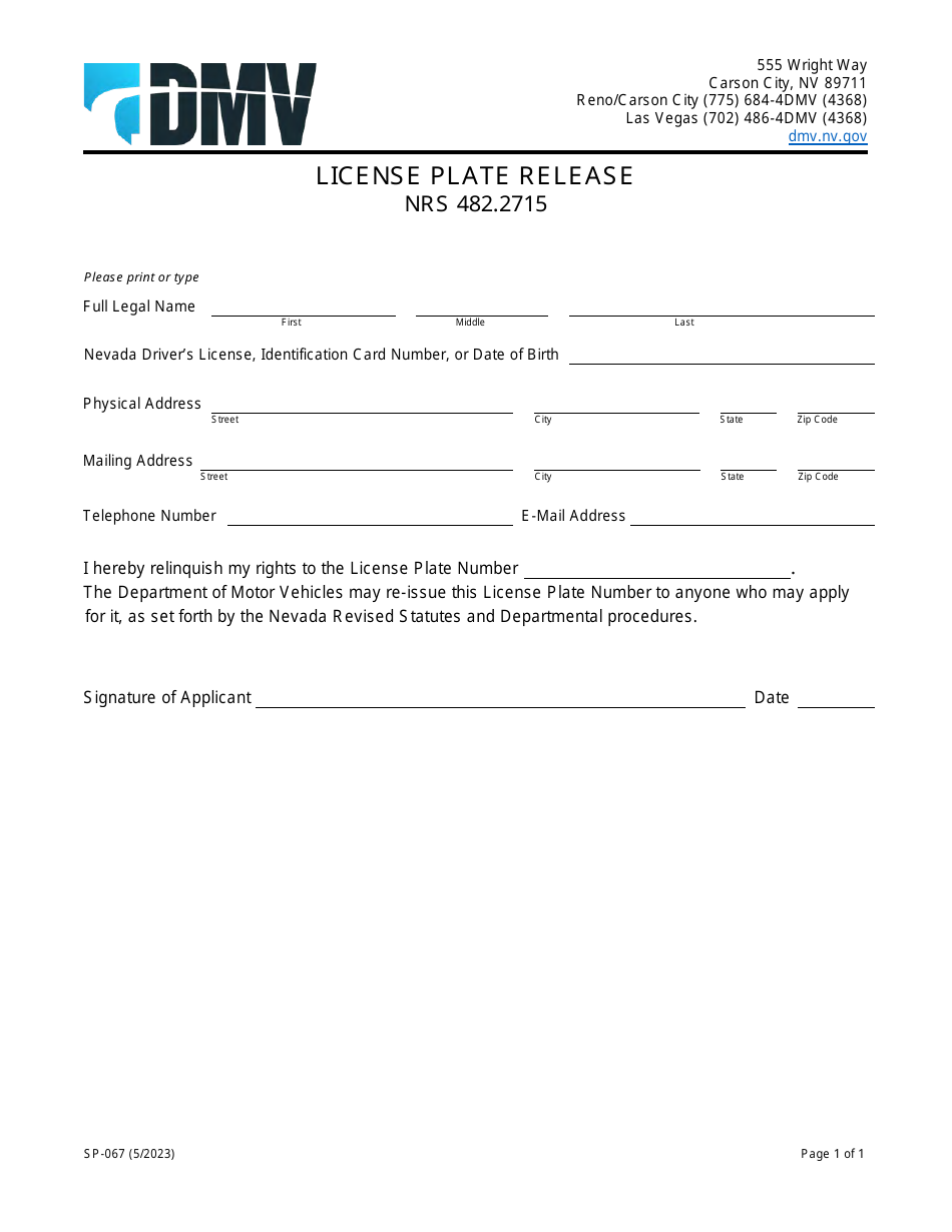 Form SP-067 License Plate Release - Nevada, Page 1