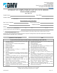 Document preview: Form DP289 Affidavit of Completion of Out-of-State Driver Education Course - Nevada