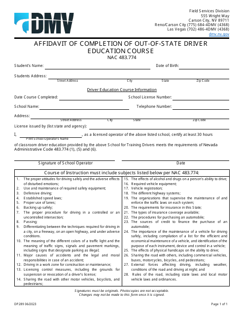 Form DP289 Affidavit of Completion of Out-of-State Driver Education Course - Nevada