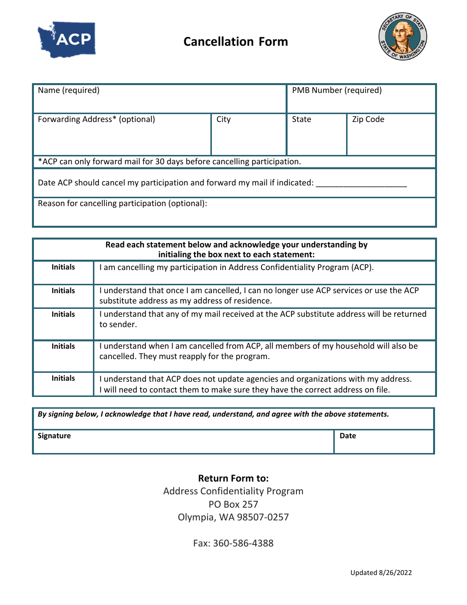 Cancellation Form - Washington, Page 1