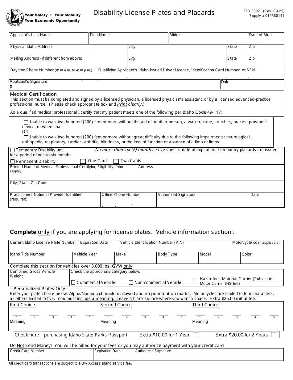 Form ITD3392 Disability License Plates and Placards - Idaho, Page 1
