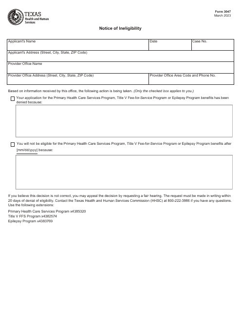 Form 3047 Download Fillable PDF Or Fill Online Notice Of Ineligibility