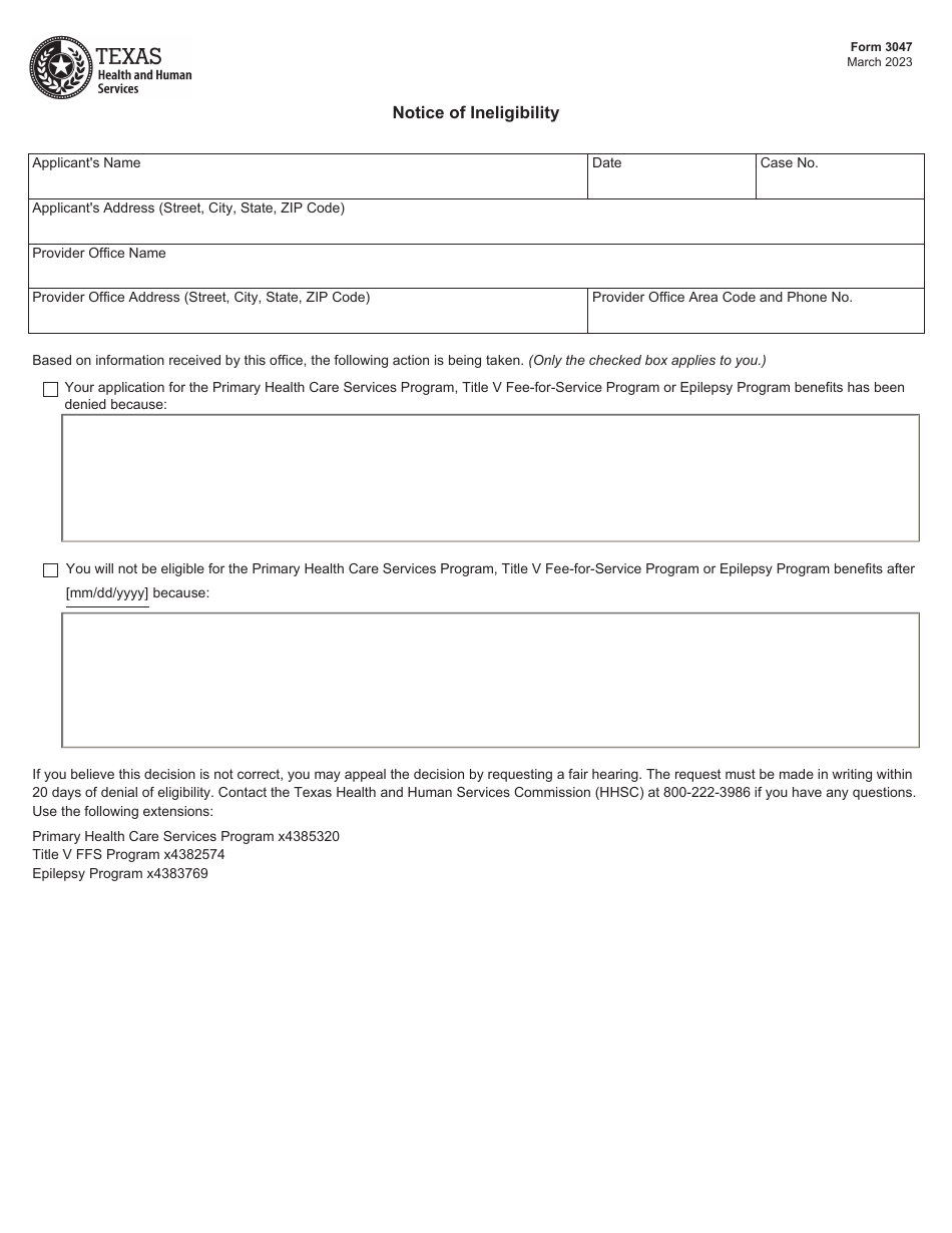 Form 3047 Notice of Ineligibility - Texas, Page 1