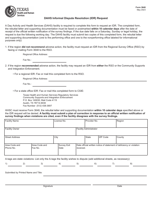 Form 3648 Dahs Informal Dispute Resolution (Idr) Request - Texas