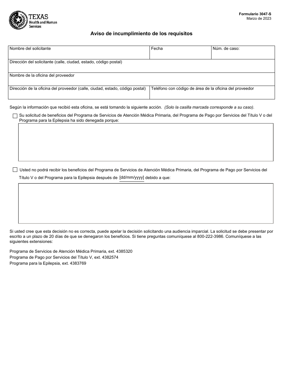 Formulario 3047-S Aviso De Incumplimiento De Los Requisitos - Texas (Spanish), Page 1